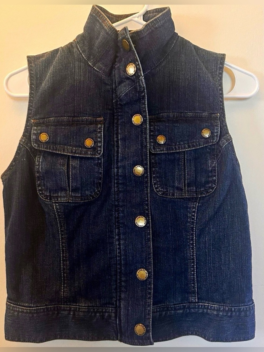 LRL Lauren Ralph Lauren Dark Blue Denim Vest with Gold-Tone Buttons - Picture 1 of 7